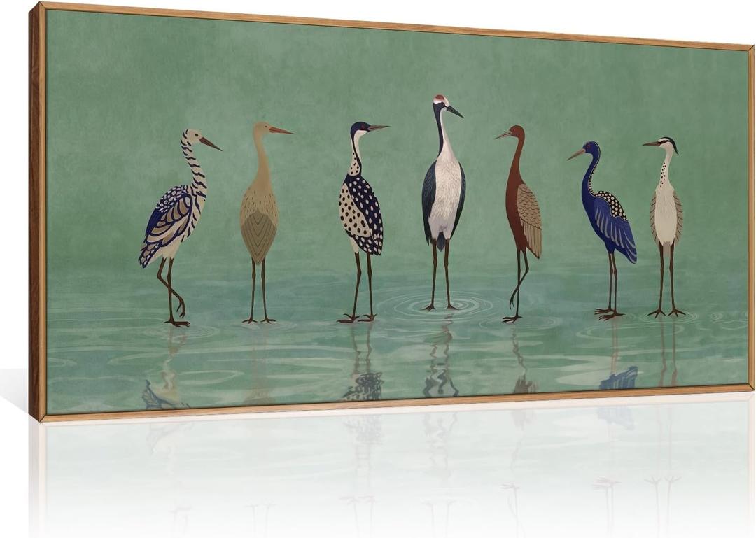 Large Vintage Heron Green Framed Canvas Wall Art,Crane Lake Wildlife Wall Decor,Minimalist Animals Art Prints,Nature Birds Landscape Artwork for Living Room,Bedroom,Farmhouse- 20''x40''x1