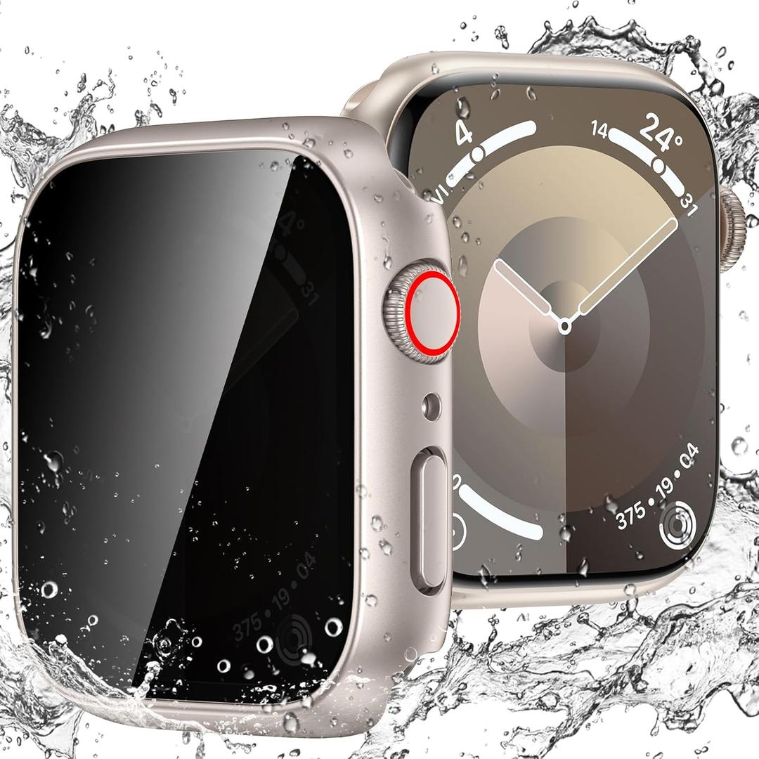 Goton Waterproof Privacy Case for Apple Watch Series 9 8 7 41mm, Hard PC Bumper Tempered Glass Screen Protector for iWatch Cover Accessories, 41mm Starlight