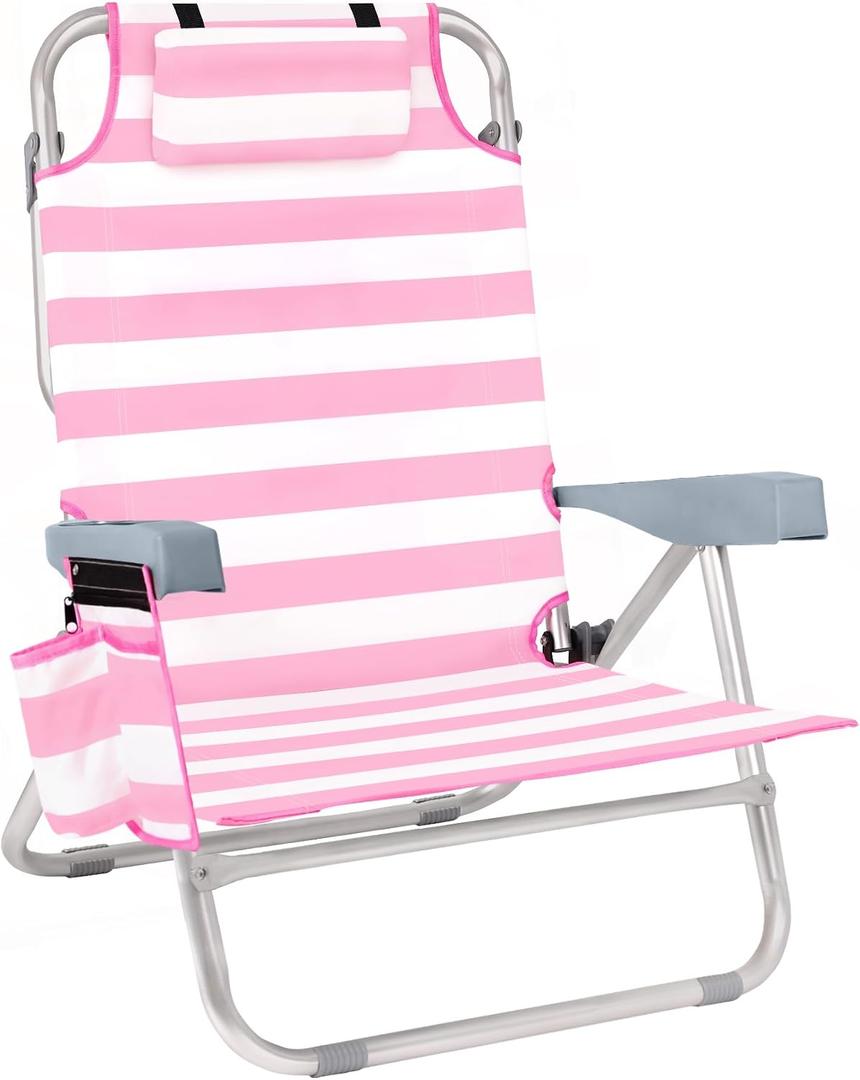 Beach Chair for Adults, 5 Position Lay Flat Backpack Beach Chair with Cooler, Cup Holder and Storage Bag, Portable Folding Heavy Duty Beach Lounger for Outdoor, Lawn, Camping, Festivals-Pink Stripe, Small