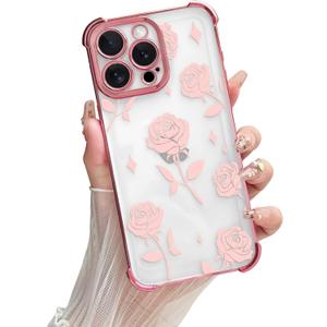 Yeddabox for iPhone 15 Pro Case Flower, Luxury Electroplated Floral Cover Shockproof Protection Slim Soft TPU Case for iPhone 15 Pro for Women Girls, Pink