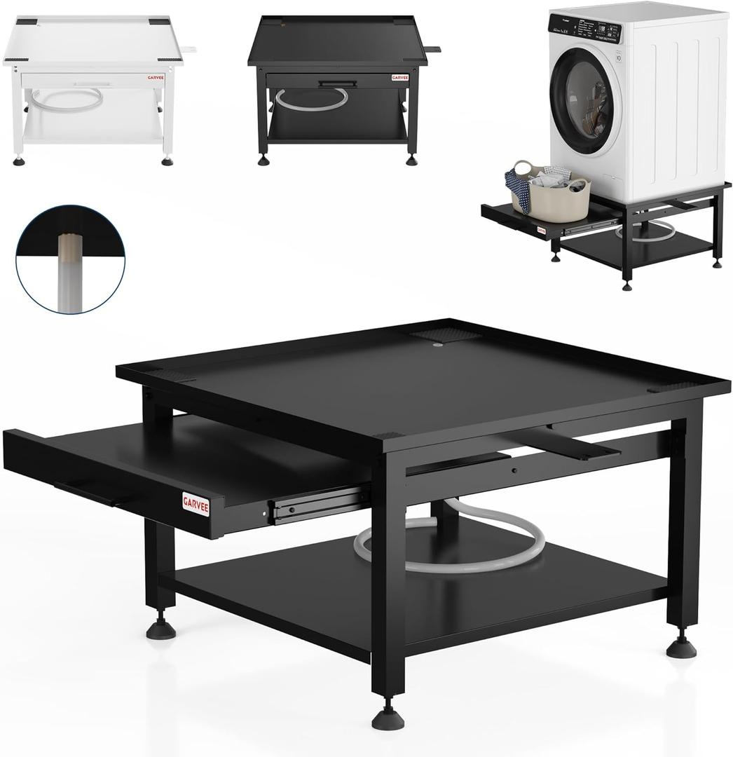 Garvee 27" Wide Washer and Dryer Pedestals with Pullout-Shelf, 16" Hight Laundry Pedestal with Adjustable Anti-Vibration Pads, Drain Pan and Hose, 1000 lbs Capacity, Black