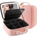 MOMIRA Makeup Train Case with Light & Mirror Large Cosmetic Organizer with Adjustable Dividers for Cosmetics,10X Magnifying Makeup Mirror,Pink (Small)