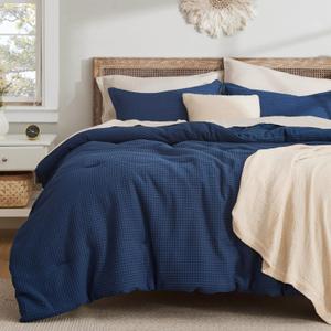 Bedsure Waffle Comforter Set King, Navy Soft Cotton Bedding, Waffle Weave Bed Set, 3 Pieces, 1 Comforter (104"x90") and 2 Pillow Shams, Premium Cotton Cover with Polyester Fill for All Seasons