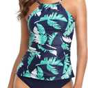 Tempt Me Two Piece Tankini Set Tummy Control Swimsuit for Women High Neck Top with Bottom Bathing Suits Ruched Swimwear (Medium, Navy Blue)