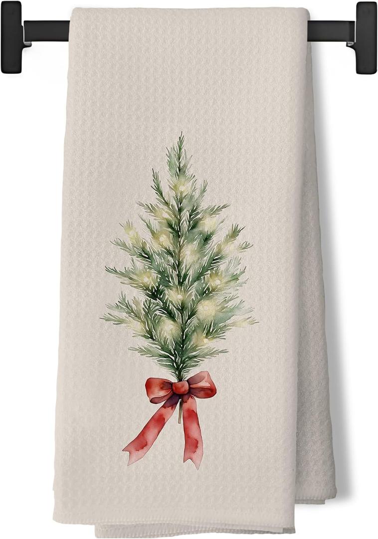 Vintage Christmas Evergreen Tree Kitchen Dish Tea Towels, Xmas Winter Botanical Holiday Decorative Hand Towels for Bathroom Kitchen, Christmas Bathroom Decor, 16x24 Inch (Color-3)