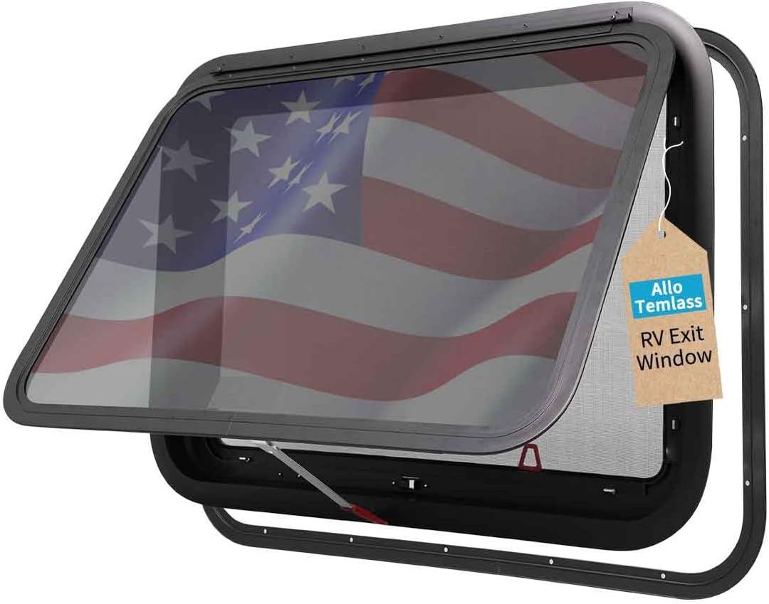 RV Exit Window, 30" W x 22" H Tinted Emergency Egress Window with Net Screen and Trim Ring, DOT Approved, Easy Install for RVs and Trailers, Fits 1-1/4" to 1-4/5" Wall Thickness