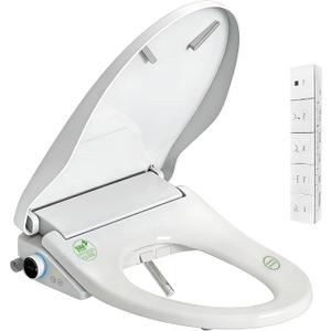 Electric Smart Bidet Toilet Seat with Remote Control, Heated Seat, Instant Warm Water & Air Dryer, Advanced Safety Features, Stainless Steel Nozzle, Slow Close Lid, Silent, Elongated, White