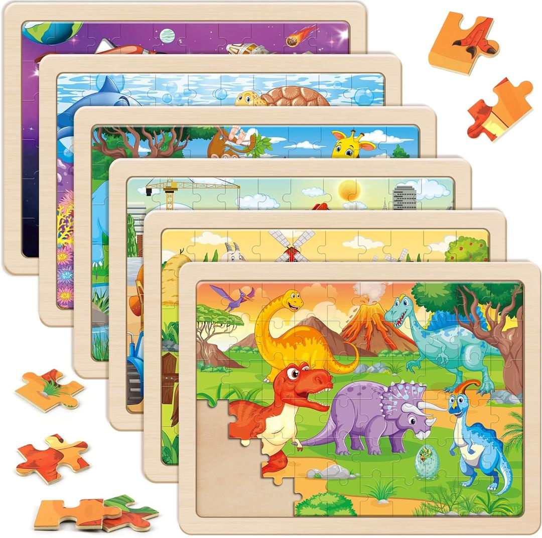 SYNARRY Wooden Puzzles for Kids Ages 4-6, 6 Packs 60 PCs Jigsaw Puzzles Preschool Educational Toys for Children Ages 4-8, Puzzles for Kids Ages 6-8 Boys Girls, Easter Basket Stuffers for Kids