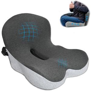Memory Foam Seat Cushion, Office Chair Cushion with Lumbar Support for Back Pressure Relief, Car Seat Cushion with Adjustable Strap, Sciatica Pad Cushions for Car, Truck, Desk, Gaming Chair (Black + Grey)