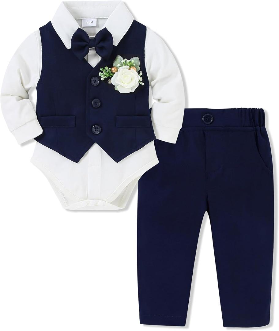 SANMIO Baby Boy Clothes Suits Infant Gentleman Outfit Collared Dress Shirt+Vest+Tie+Corsage+Pants 5Pcs Baby Suit Sets (6-12 Months, Navy Blue)