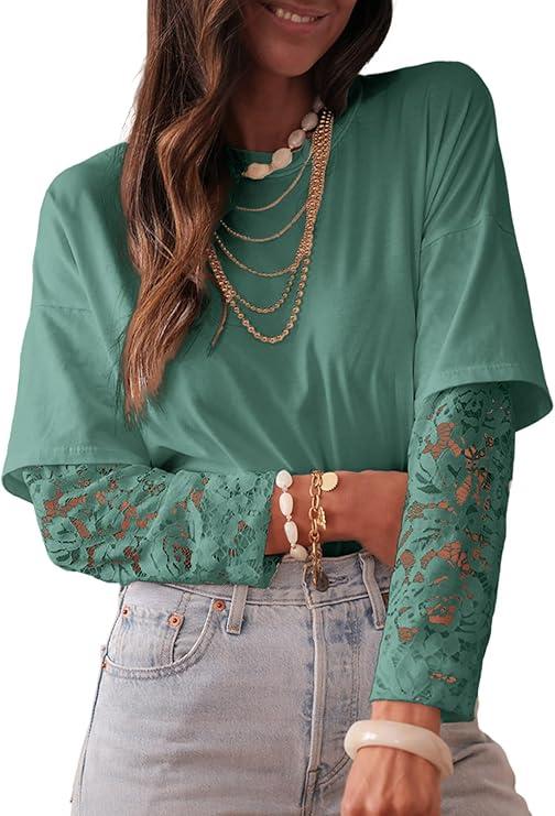 Acelitt Women's Mesh Long Sleeve Tops Crewneck Lace Blouse Shirts, S-XXL (Blue)