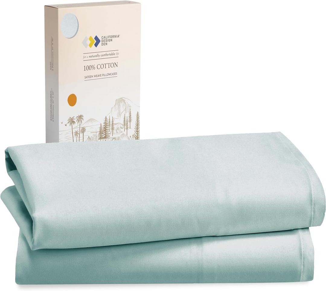 California Design Den 100% Cotton Pillow Cases Standard Size Set of 2, Soft & Cooling Sateen Weave Pillowcase Set (Standard/Queen, Seafoam)