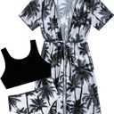 AIDEAONE 5-12T Girls 3 Piece Swimsuit Kids Bathing Suit with Cover Ups (7-8 Years, Black Palm Tree)