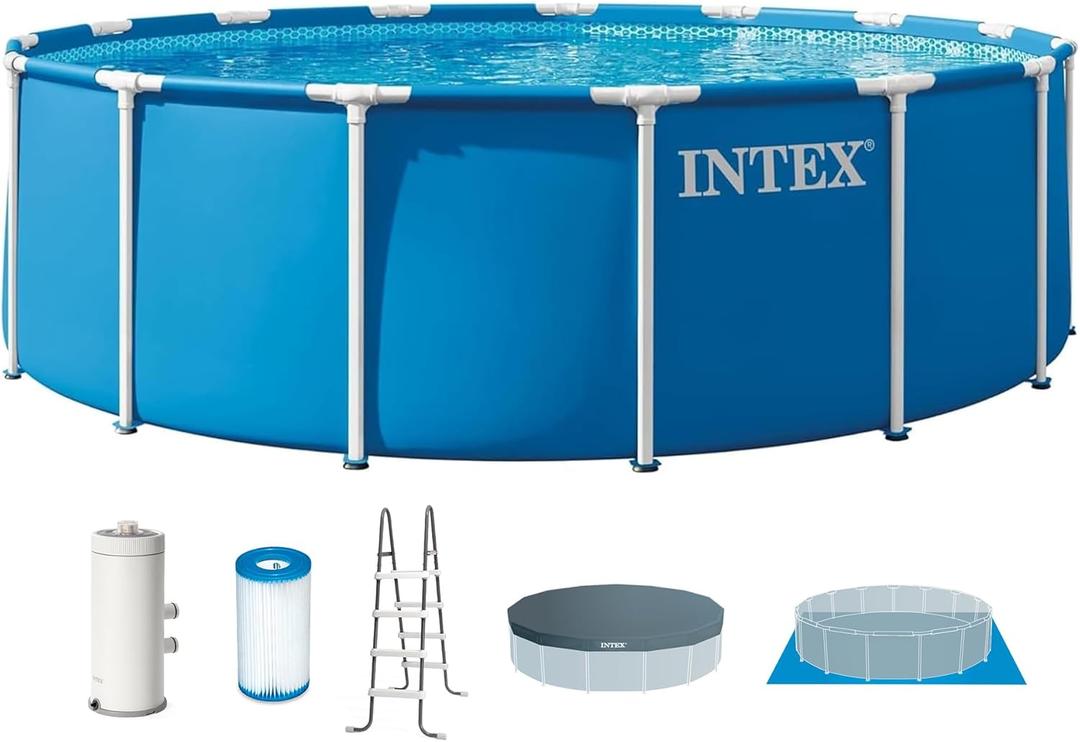 INTEX Metal Frame 15 ft x 48 in Above Ground Pool Set, Round Swimming Pool with Steel Frame, 1000 GPH Cartridge Filter Pump, and Type A Filter Cartridge