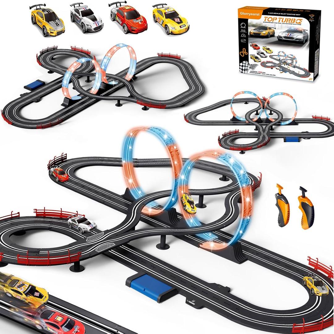 Slot Car Race Track 1:43 Scale For Kids LED Tracks Electric Powered Dual Racing 4 Cars with Headlights Toy Big Track Sets Gift for Boys Children 6+ Years Old