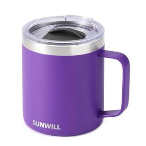 SUNWILL Insulated Coffee Mug with Lid, Travel Tumbler with Handle, 14 oz Stainless Steel Cup for Camping, Office, Home, Powder Coated Purple