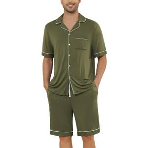 Veseacky Mens Pajamas Set Short Sleeve Soft Button Down Sleepwear Two Piece Mens Loungewear Pjs Set with Pockets  (Medium, Olive Green)