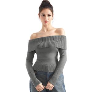 SUUKSESS Women Off Shoulder Sweaters Long Sleeve Ribbed Knit Going Out Fall Tops Blouse (Small, Hemp Gray)