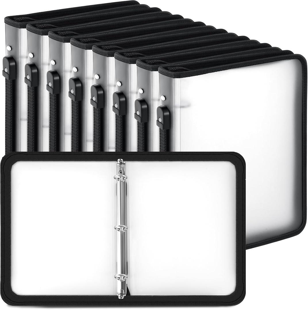 Teling 8 Pcs Plastic Zipper Binders with 3 Ring Zipper Binder, Refillable File Organizer Planner for Projects, Assignments, Memos, School Work (2 Inch,White)