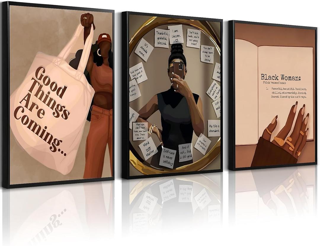 Black Girl Wall Art African American Woman Canvas Wall Decor Black Female Wall Art Fashion Women Poster Feminine Boho Pictures Abstract Paintings for Bedroom Bathroom 16x24 Inch Unframed Set of 3
