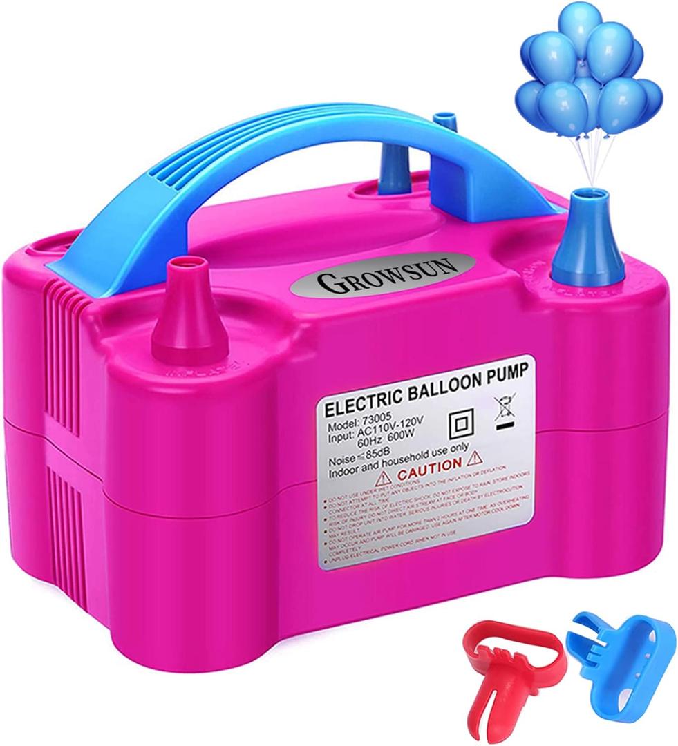 Growsun Electric Balloon Pump Air Inflator Portable Automatic Dual Nozzle Balloon Blower 110V 600W for Birthday Baby Shower Balloons Party Decorations (Rose Red)