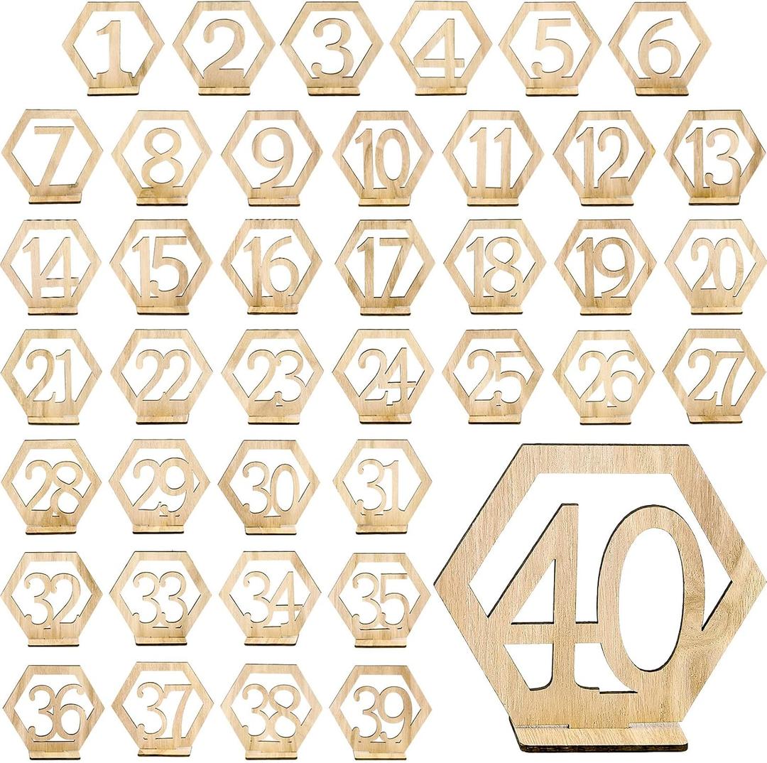 Blulu 40 Pieces Wooden Wedding Table Numbers Hexagon Shape 1-40 Rustic Hollow Wood Table Numbers with Holder Base Standing for Wedding Event Party Catering Decoration