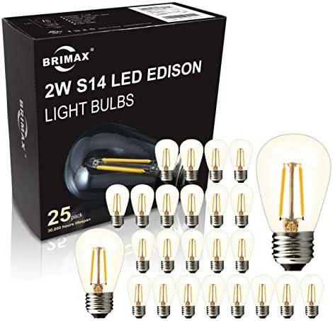 BRIMAX Pack of 25, 2W S14 Replacement LED Bulbs,2700K Soft Warm White, Shatterproof Waterproof Outdoor String Light Bulbs Dimmable,E26 Medium Base,Plastic Edison Bulbs for Patio Garden