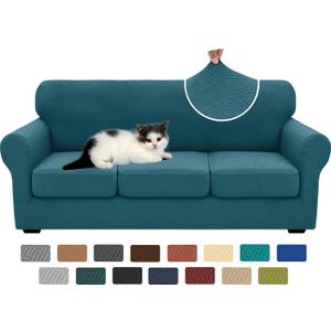 XINEAGE New 4 Pieces Couch Covers for 3 Cushion Couch Super Stretch Thick Soft Sofa Cover Anti Slip Sofa Slipcover Dogs Cats Furniture Protector (Peacock Blue, 71"-91")