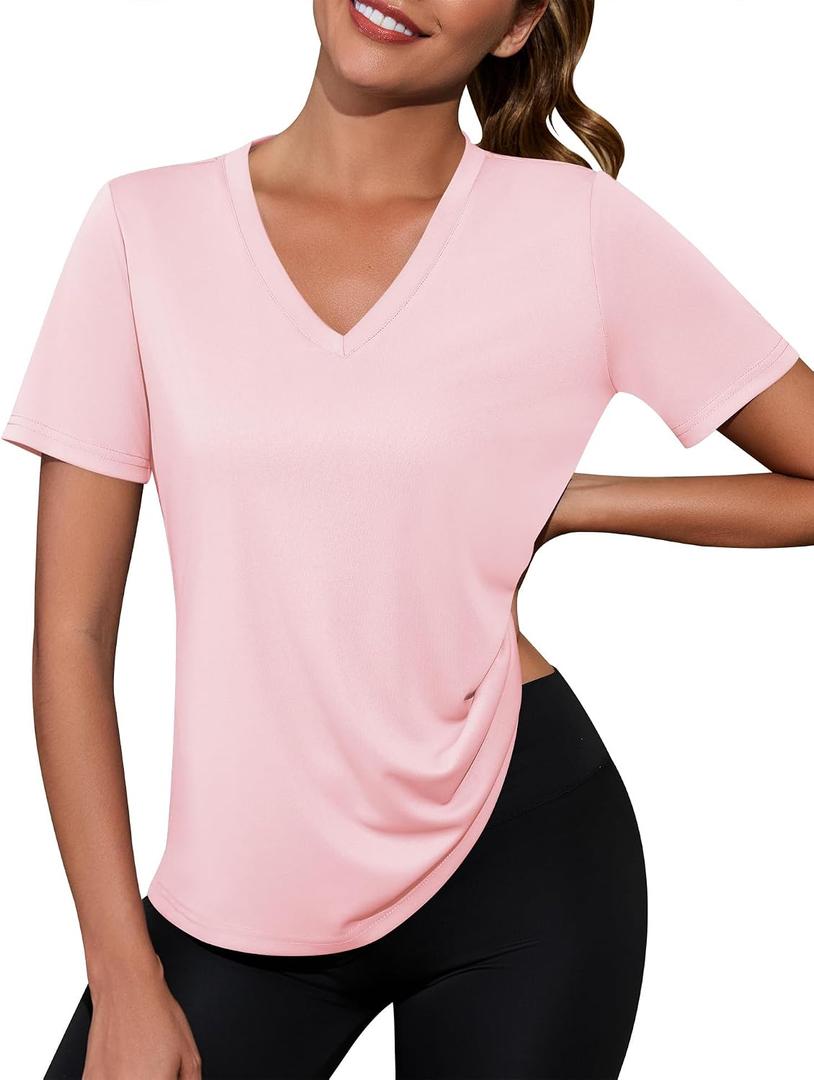 Kistore Workout Tops for Women Breathable V Neck Yoga T Shirts Trending Beach Casual Loose Fit Tee Running (Pink, L)