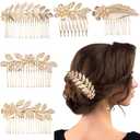 5 PCS Leaf Hair Side Combs Gold Rhinestone Hair Comb Clips with Teeth Wedding Headpiece Hair Accessories for Women, Girls, Bride, Bridesmaid(5 Different Size)