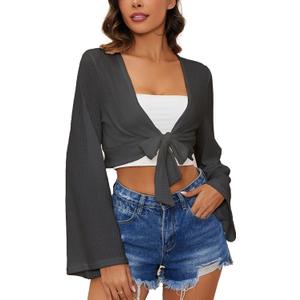 YYA Women's Lightweight Ribbed Cardigan Tie-Front Beach Cover Up with Long Sleeves for Summer Outfits Black XXL (XXL)