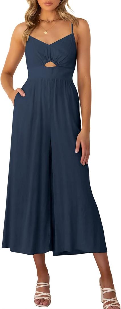 ANRABESS Womens Jumpsuit Summer Beach Vacation Romper 2025 V Neck Sleevelsee Spaghetti Strap Cutout Linen Wide Leg Clothes navy (Blue X-Large)