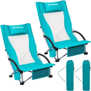 KingCamp Low Beach Chair, High Back Folding Camping Chair for Adults, Oversized Breathable Mesh Seat, 300lbs Heavy Duty Portable Chair with Cup Holder & Storage Pockets for Beach, Outdoor
