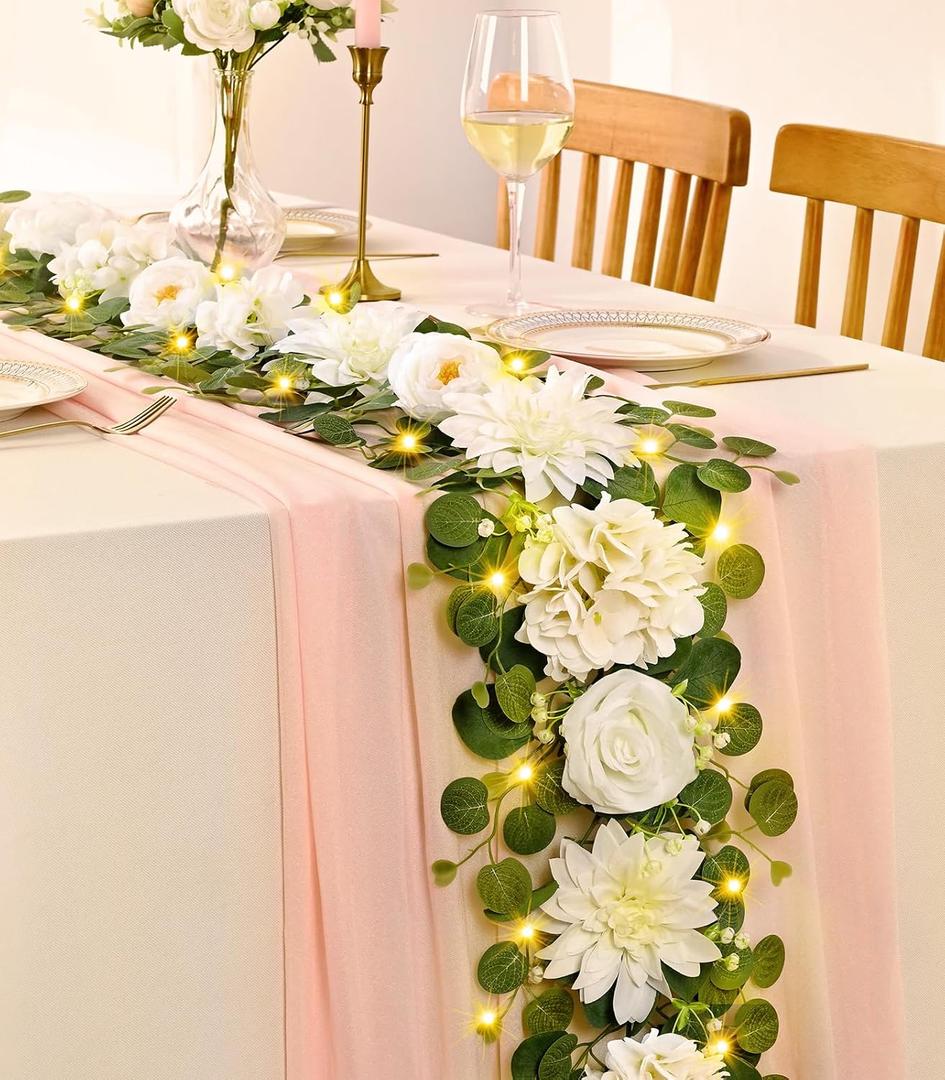 Yastouay 2 Pcs Flower Garland with Lights, 12 Ft White Rose Floral Garland Fake Flowers for Wedding Arch Party Tables Backdrop Decor