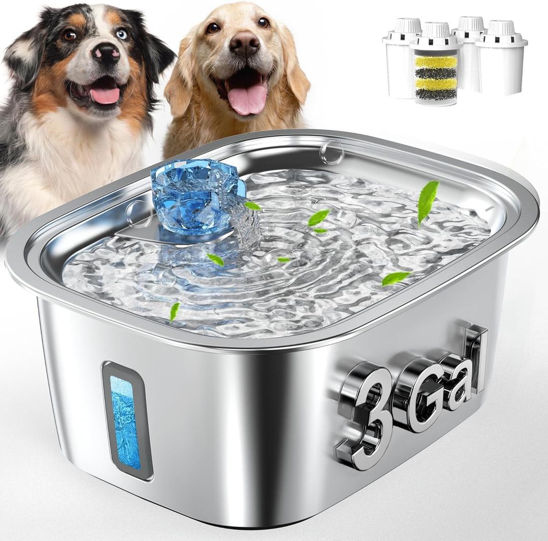 PETNF 3-Gallon Stainless Steel Dog Water Fountain for Large Dogs, Dog Water Bowl Dispenser with 4 Filters, Visible Water Window, Quiet Pump & LED Low-Water Indicator (Gray)