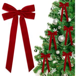 12 PCS Red Velvet Christmas Bows Ornaments Decorations, 10.2'' Vintage Long Velvet Bows Decor Ornaments for Christmas Tree Wreath Mantle Stair Gift Wrap, 0.98 W/5.11 * 10.23 inch