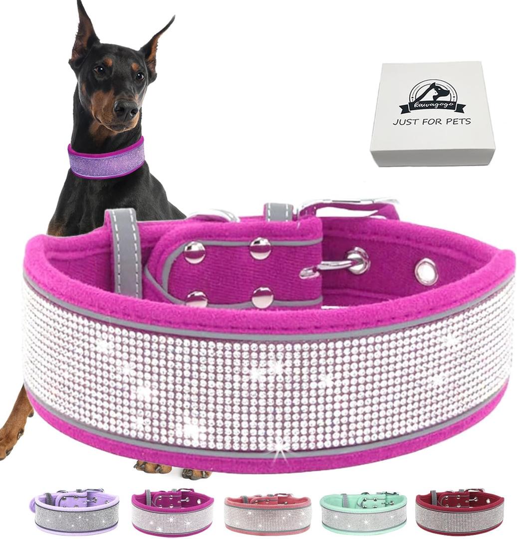 Bling Diamond Dog Collar for Females Girls,Soft Velvet Leather with Fancy Sparkly Crystal Rhinestones,Reflective Stripe,Suit Medium Large Dogs (Hot Pink,Adjust:12''-16'')