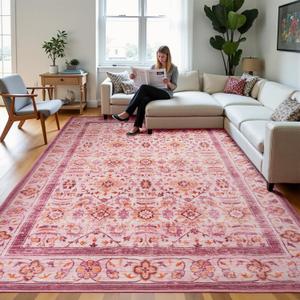 Zentavio Area Rugs 8x10 Washable Non-Slip Kid & Pet Friendly Living Room Carpets Vintage Floral Foldable Thin Low Pile Rug for Bedroom Kitchen Dining Room Pink