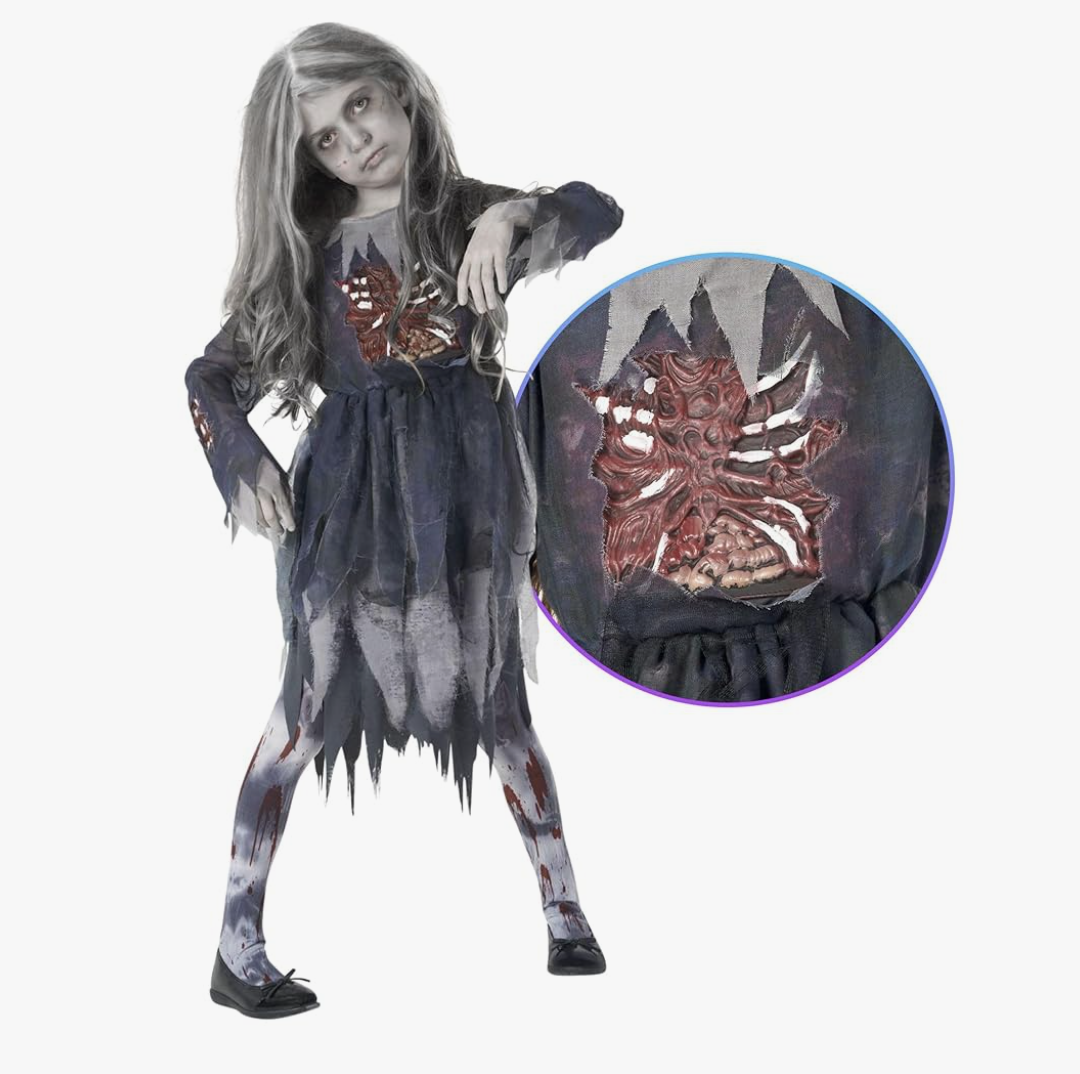 Morph Zombie Costume for Girls - Scary Kids Zombie Bride Outfit - Halloween Dress Up for Children XL
