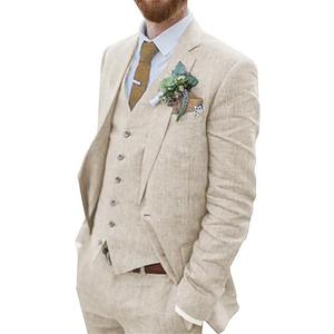 Wehilion Retro Linen Men Suit Beach Wedding Suit Summer Slim Fit 3 Pieces Light Weight Linen Suit Jacket Vest Pant
, L