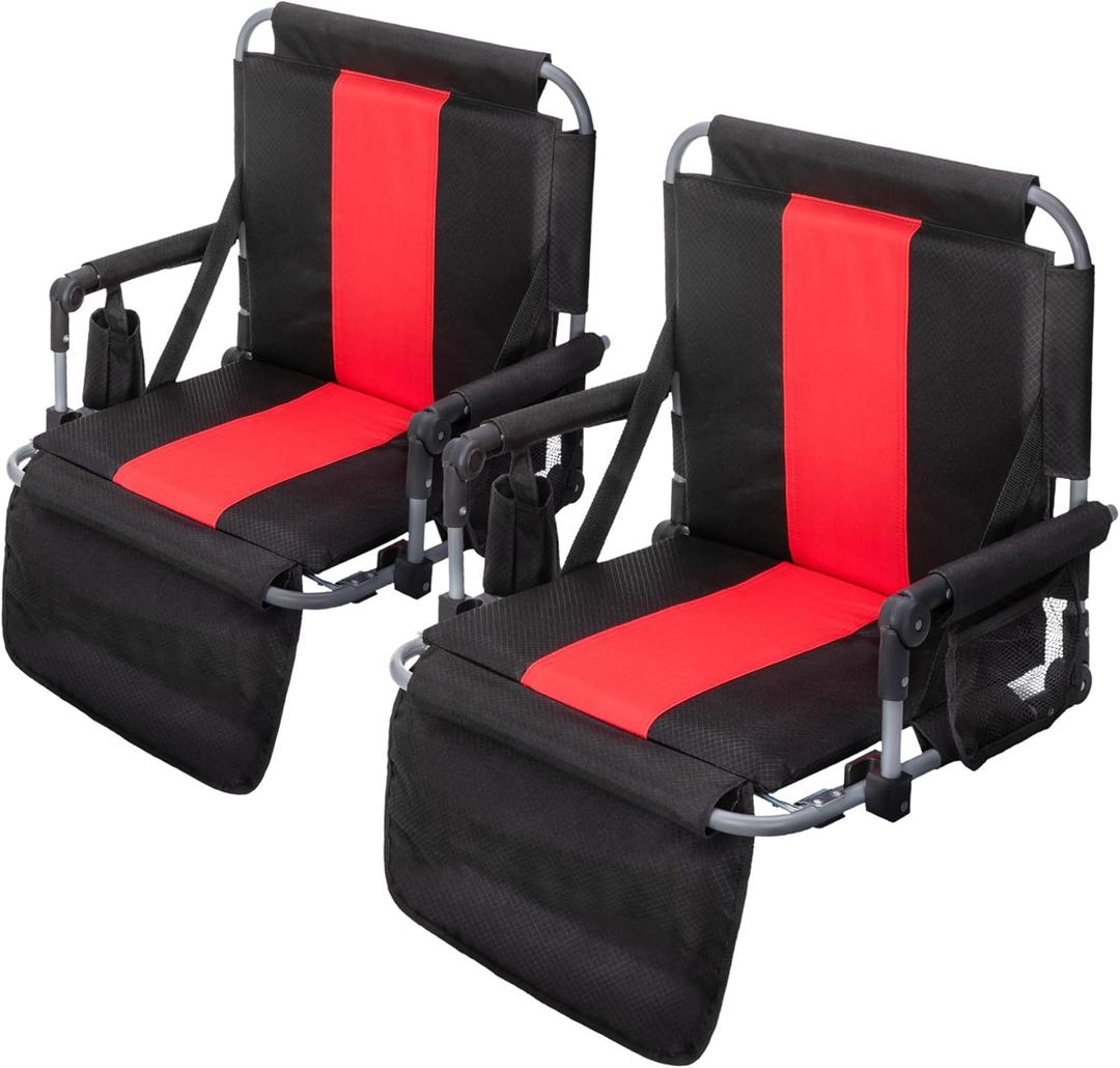 GREEN PARTY Stadium Seat for Bleachers Portable Outdoor Floor Folding Stadium Chair with Armrest, Back Support, Cup Holder, Mesh Bag and Hide Hooks (Black Red 2)