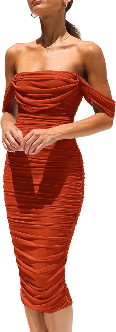 PRETTYGARDEN Women's Summer Off The Shoulder Dresses Sleeveless Ruched Fitted Cocktail Party Club Midi Bodycon Dress (Large, Rust Red)