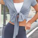 Fisoew Womens Wrap Tie Tops Short Sleeve Ballet Pilates Yoga Crop Shirts Y2k Workout Deep V Neck Casual Wrap Tops, M