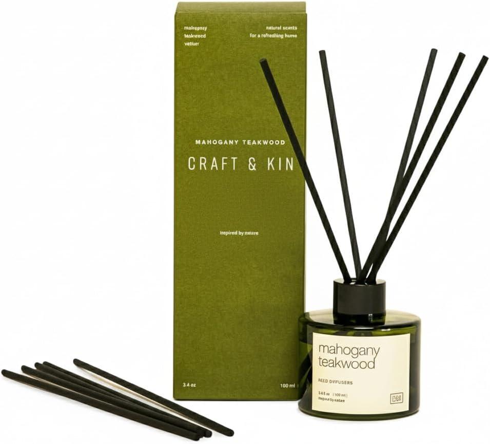 Craft & Kin Reed Diffuser Set Oakwood, Mahogany & Vetiver, Reed Diffusers for Home, Fragrance Diffuser Sticks, Oil Diffuser Sticks, Oil Diffuser with Sticks, Reed Diffuser for Men (Standard / 3.4 oz)