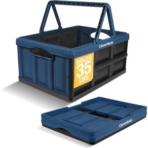 CleverMade Collapsible Shopping Basket 32L Folding Grocery Basket with Handles, Stackable Reusable Storage Crate with 35 lb Capacity, Recycled Plastic, Car Trunk Organizer - Ocean Blue