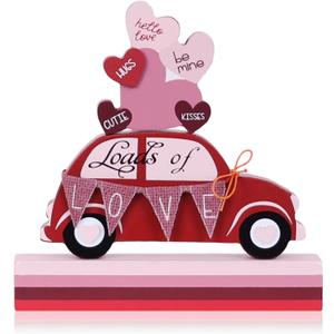 DECSPAS Valentines Day Decorations, Red Truck Wood Block Set Valentines Day Decor, Heart Ornaments Valentine Decor, Love Sign Valentines Decorations for The Home, Mantle, Dining Table