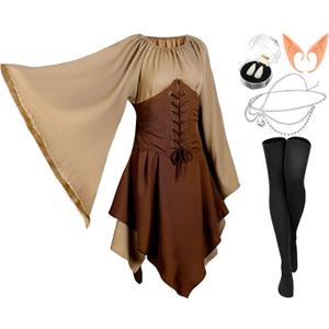 Jadive 5 Pcs Women Elf Renaissance Medieval Dress Traditional Irish Fairy Viking Costume Elf Ear for Halloween Cosplay (Large, Brown, Khaki)