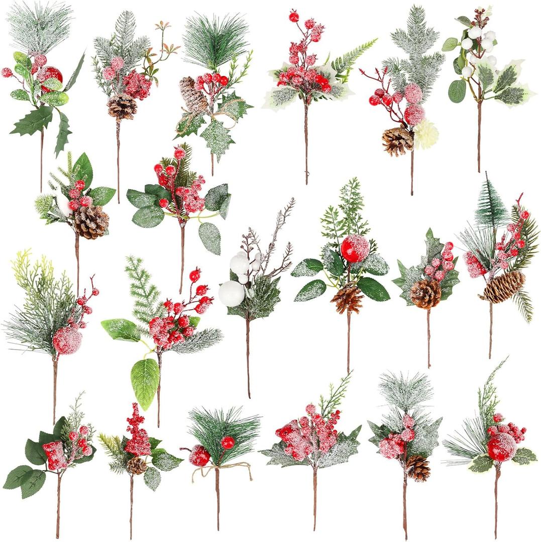 CCINEE Artificial Christmas Picks 20 Pack Assorted Holly Berry Stems Frosted Pine Cones Faux Red Berries White Floral Picks Sprays for Xmas Tree Vase Crafts Garland Christmas Wreath Decoration