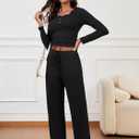 Two Piece Sets for Women Long Sleeve Wide Leg Tracksuits 2 Piece Lounge Sets Winter Casual Sweatsuits Matching Sets (Black, S)