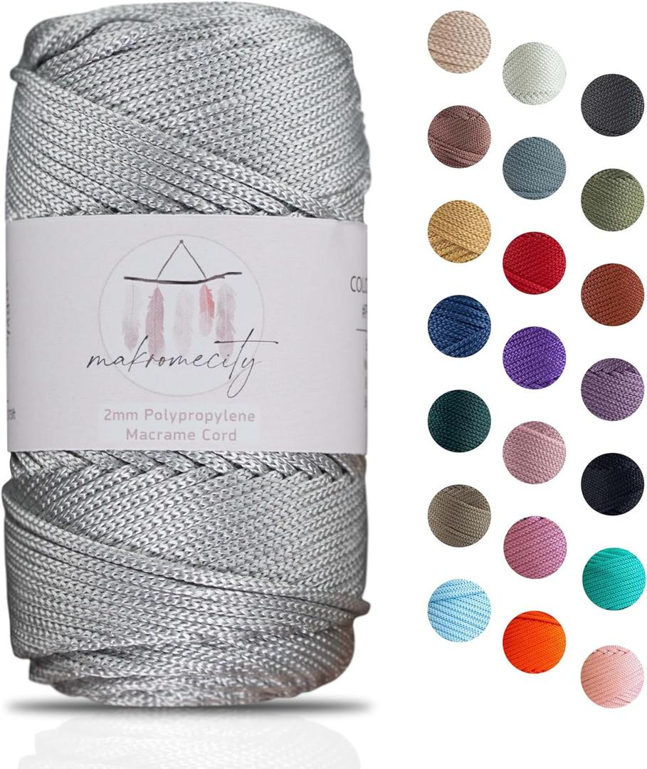 Makromecity, Polyester Macrame Cord 2mm x 375 Yards (1125 feet) 3 skeins of 2mm Polypropylene Light Grey Macrame Cord Crochet Macrame Bag Cord Crafts for Wall Hangings, Bags, Underplate, Rug